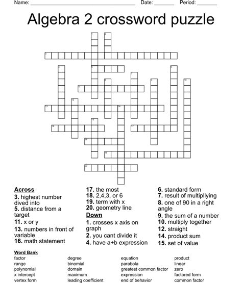 Algebra 2 Crossword Puzzle Wordmint