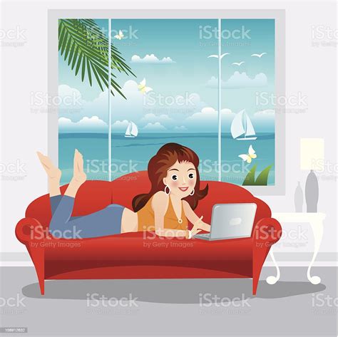 Girl Lying On Sofa With Laptop Stock Illustration Download Image Now
