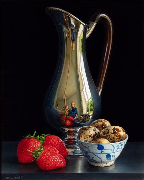 Still Life With Silver Jug Quails Eggs And Three Strawberries By