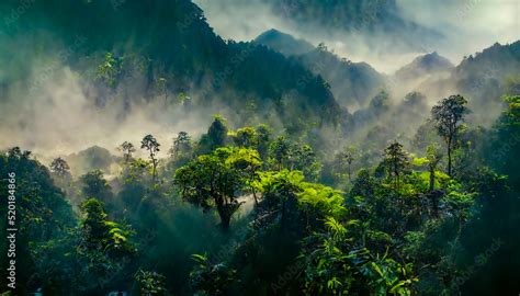 Exotic Foggy Forest Jungle Panorama Forest Oasis Foggy Dark Forest