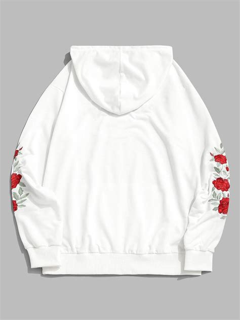 Zaful Flower Letter Embroidery Drawstring Hoodie White Tankini