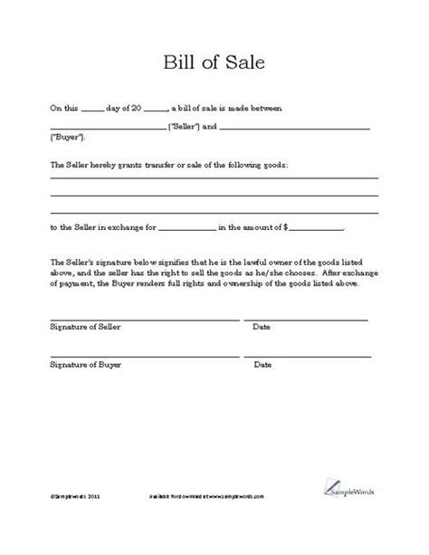 Basic Bill Of Sale Form Printable Blank Form Template Blank Form