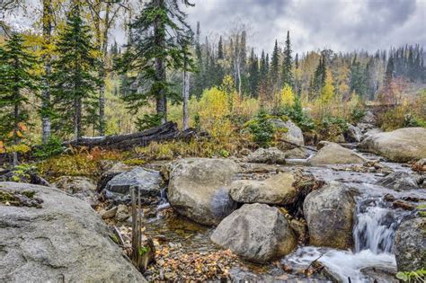 First Snowfall In October Mountain Forest With Creek Autumn Landscape