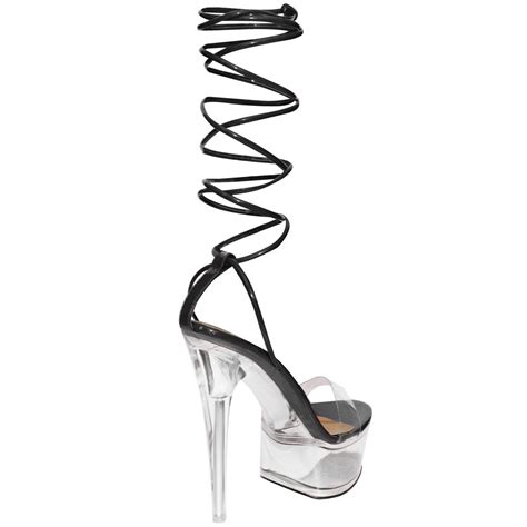 Womens Perspex Platform Sandals High Heels Tie Up Stripper Wraparound