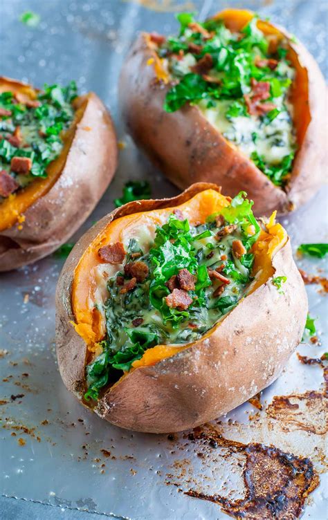 Bake 45 to 50 minutes, until soft and tender. Cheesy Kale Stuffed Sweet Potatoes with Havarti and Garlic ...