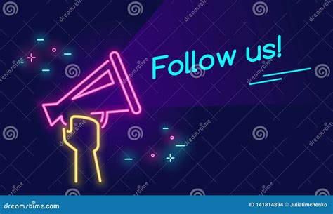 Follow Us Banner For Social Networks In Neon Light Style On Dark