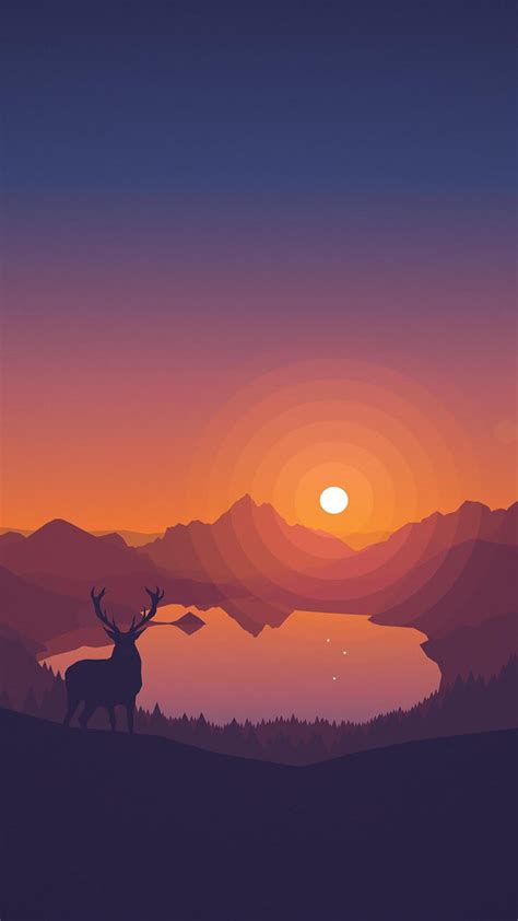 Minimalism Scenic Toon Colors Deer Sun Forest Mobile Wallpaper