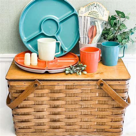 Vintage Picnic Basket Handmade Wooden Basket With Dishes Included