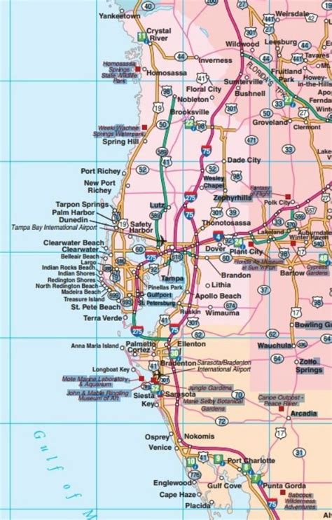 Central West Florida Road Map Showing Main Towns Cities And Highways