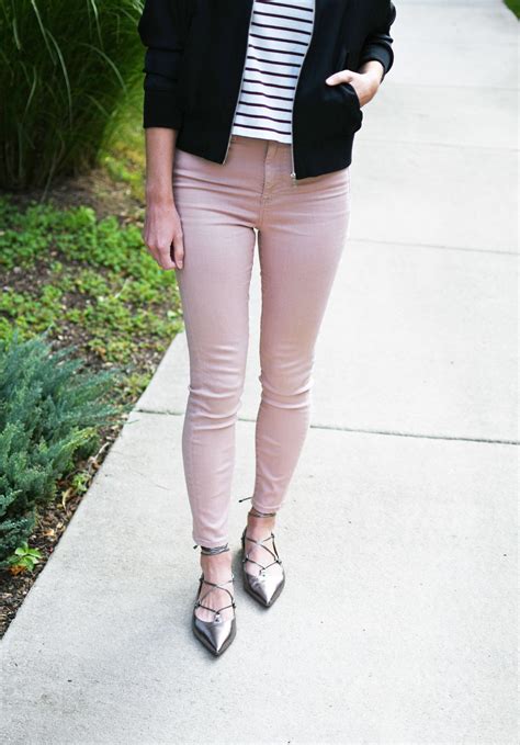 Pink Skinny Jeans Outfit With Pewter Lace Up Flats Light Pink Jeans