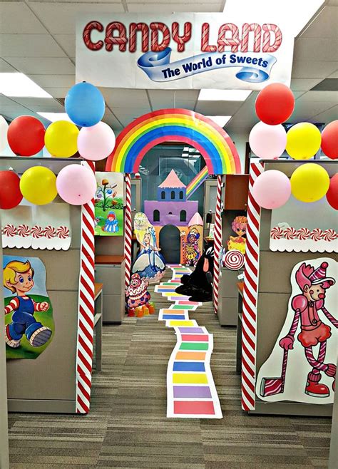 Think high ceilings, old timber and dangling metal light fixtures with sparse functional furniture. Candyland Halloween Office Decorations | Halloween office ...