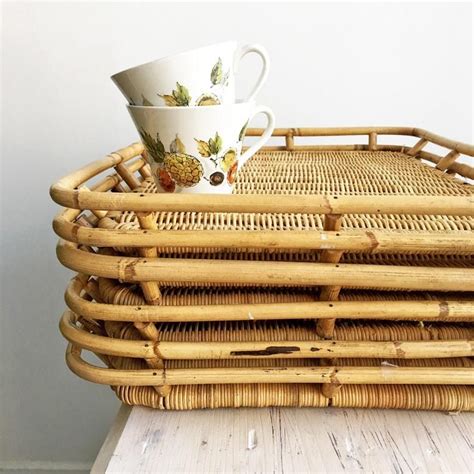 TWO Vintage Bamboo Woven Serving Trays Rectangle Wicker Etsy Wicker