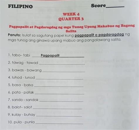 Score Filipino Week 4 Quarter 3 Pagpapalit At Pagdaragdag Ng Mga Tunog