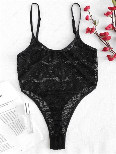 [26 Off] 2021 Snap Crotch Sheer Lace Thong Lingerie Teddy Bodysuit In Black Zaful