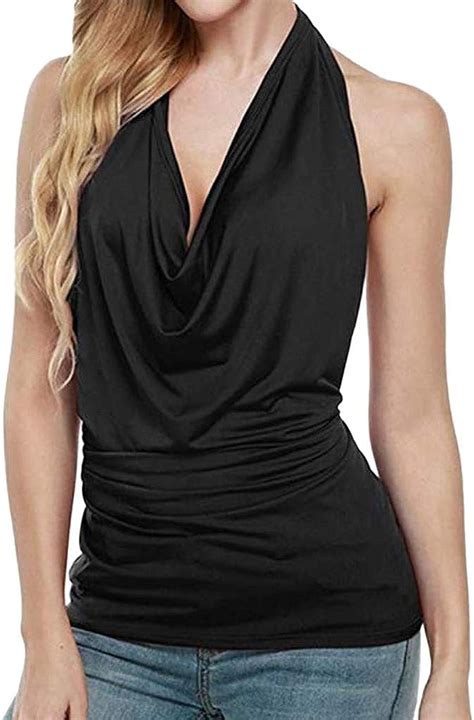 Yivise Womens Casual Halter Cowl Neck Tops Sleeveless Draped Solid