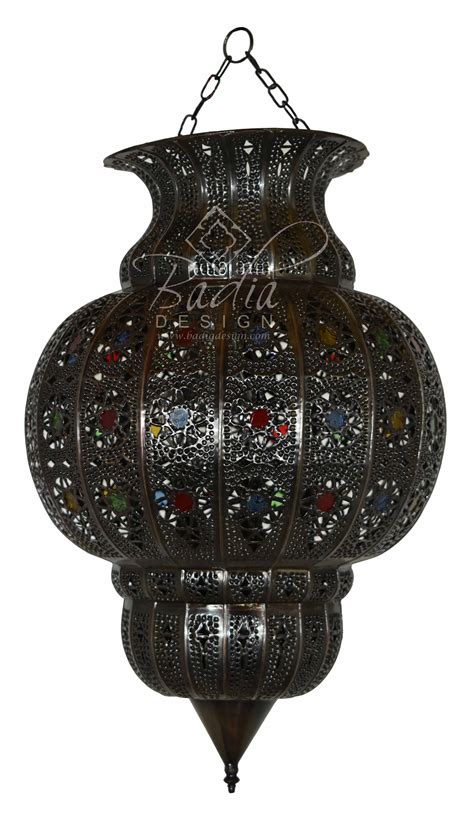 Moroccan Hanging Lantern With Multi Color Glass Eyelets From Badia