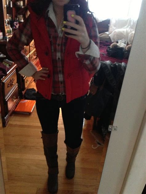 What I Wore White Oxford Flannel Red Puffer Vest Dark Skinnies