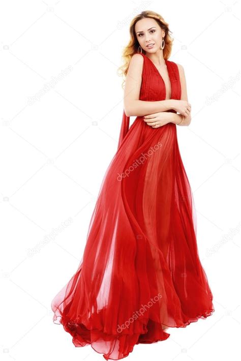 Young Beauty Woman In Fluttering Red Dress White Background Stock