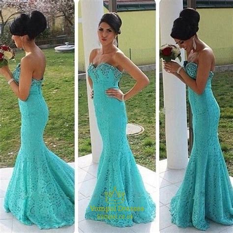turquoise strapless sweetheart beaded neck lace mermaid prom dress vampal dresses
