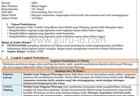 Dibuat sesuai edaran kemendikbud no. Rpp Daring Bahasa Inggris Sd Kelas 6 | Revisi Id
