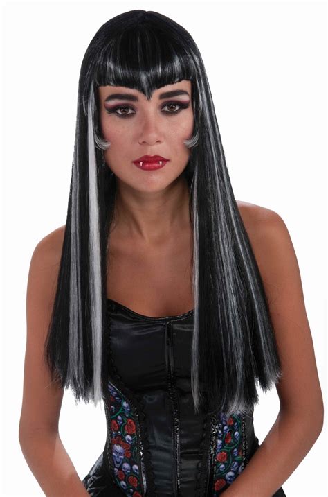 Black Purple Long Wig Witch Streaks Gothic Womens Halloween Costume