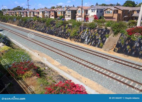 Train Tracks With Flowers And Tract Houses Stock Image Image Of