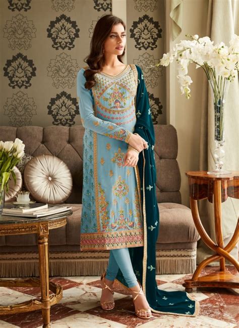 Frisky Georgette Party Wear Churidar Suit In Sky Blue Color Mbroidered 7001 By Aashirwad Sc