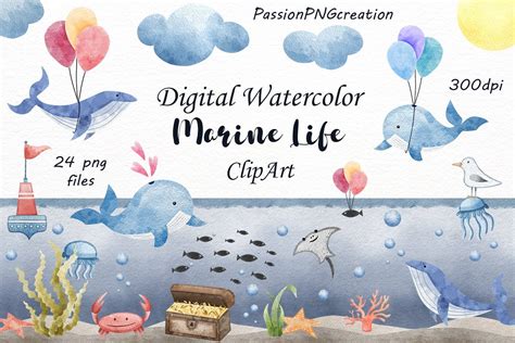 Digital Watercolor Marine Life Clipart Underwater Life Clip Etsy