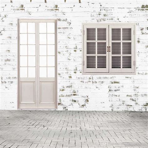 2019 White Painted Brick Wall Floor Photo Backdrops Wooden Door Window