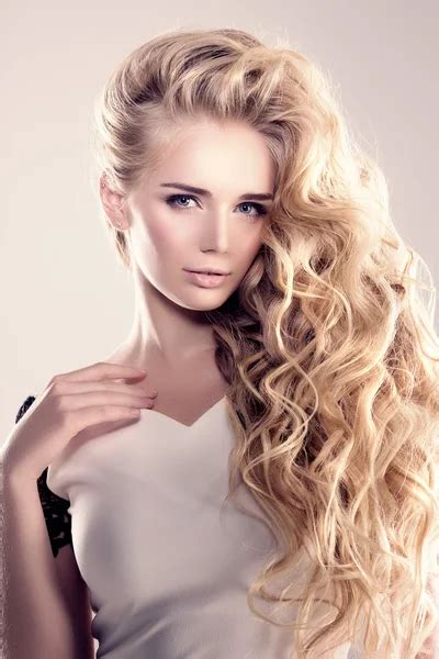 Model With Long Hair Blonde Waves Curls Hairstyle Hair Salon Upd Stock
