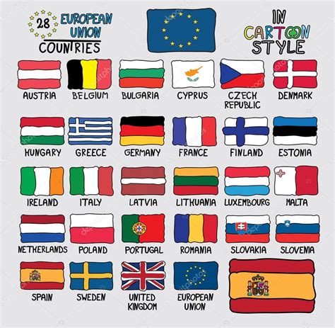 28 Flags Of European Union Countries In Cartoon Style Stock Vector