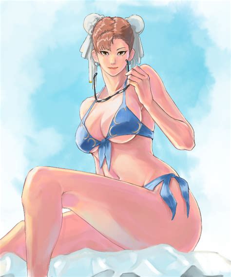A Ichiro Chun Li Capcom Street Fighter 1girl Bikini Blue Bikini Breasts Brown Eyes
