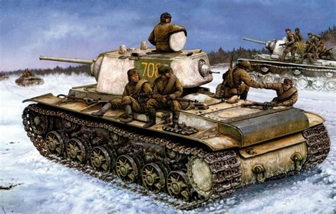 Обои war art painting ww2 russian tank russian infantry KV 1 red