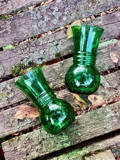 Vintage Emerald Green Glass Vases Set Of 2 Etsy