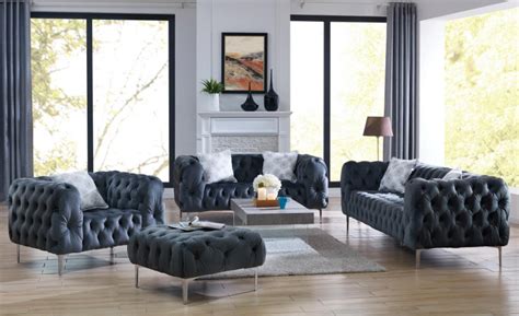 Grey Velvet Tufted Living Room Set Living Room Sofa Set Sofa Set