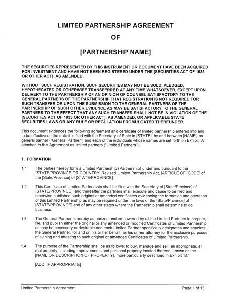 Limited Partnership Agreement Templates Pdf Word