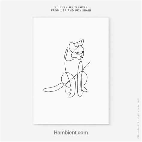 Free Shipping Print Cat Drawing Art Poster Line Illustration T Lover