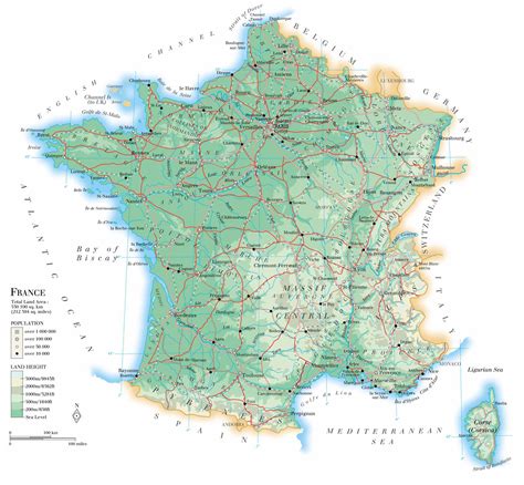 Large Detailed Physical Map Of France With Roads And Cities Vidiani