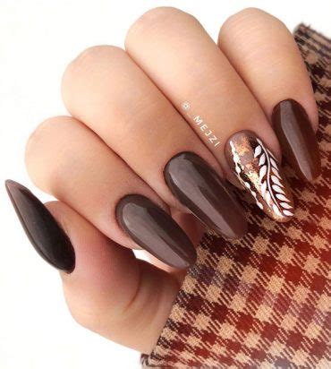 Beautiful Nail Design Ideas To Wear In Fall Brown And Leaf Nail Idea