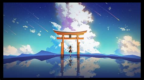 4k reflection clouds digital art landscape anime girls sky torii artwork hd wallpaper