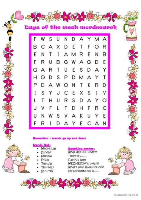 Days Of The Week Wordsearch Wor English Esl Worksheets Pdf And Doc