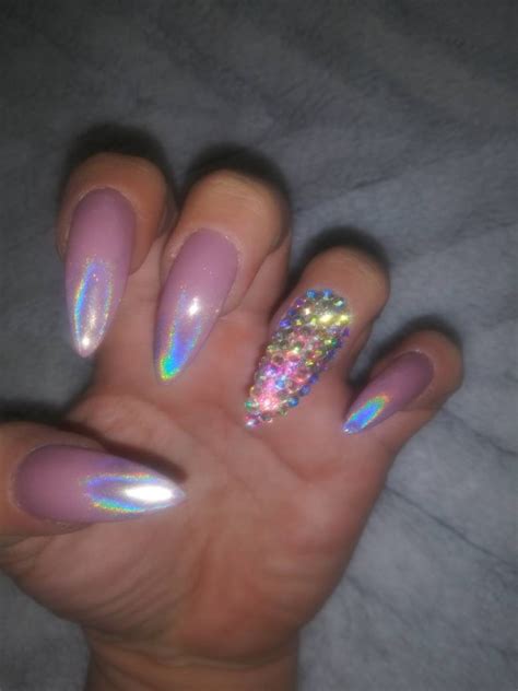 Nude Bling Nails W Holographic Tips Mauve Nude Holo Stiletto Etsy