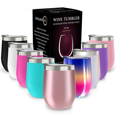 CHILLOUT LIFE Stainless Steel Stemless Wine Glass Tumbler With Lid 12