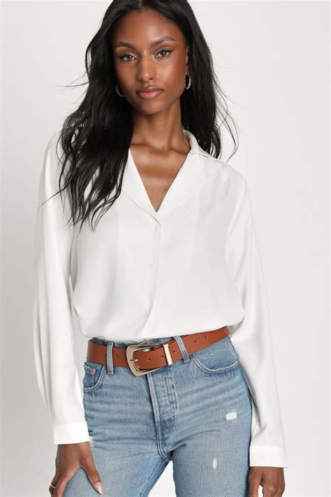 White Collared Top Button Up Top Simple Long Sleeve Top Lulus