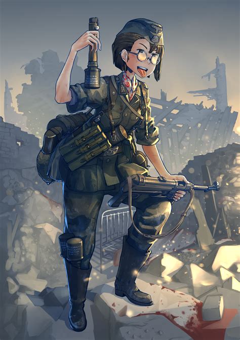 Wallpaper Gun Anime Girls Short Hair Glasses Weapon