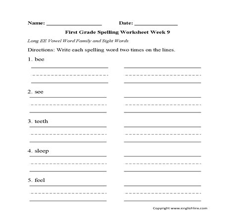 Week 9 Long Ee Vowel First Grade Spelling Worksheets Spelling