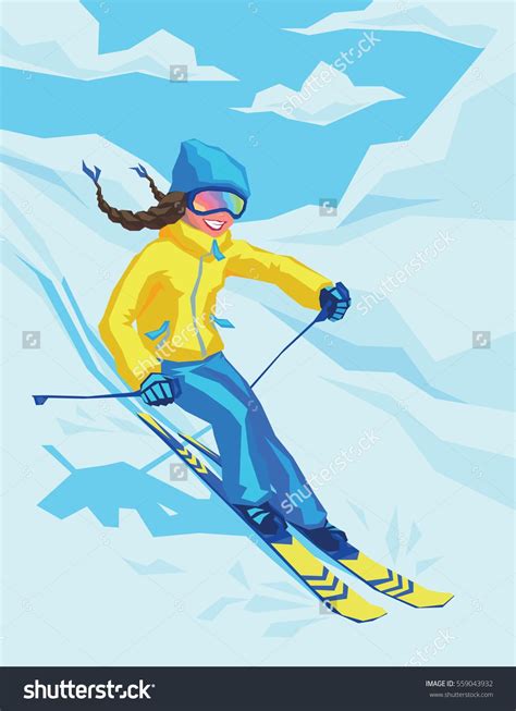 Vector Illustration Of Happy Girl On Winter Resort Skiing There Female