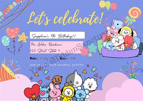 Bt21 Birthday Invitation Card Bt21 Invitation Card Party Etsy