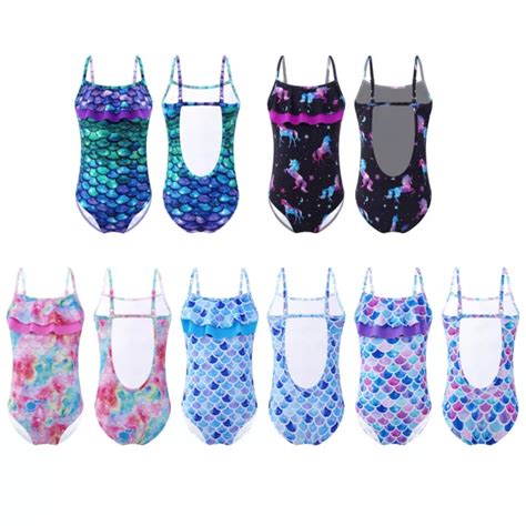 Girls One Piece Swimming Costume Fish Scales Swimsuit Cut Out Back