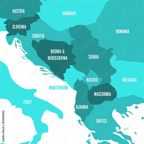 Political Map Of Balkans States Of Balkan Peninsula Four Shades Of Turquoise Blue Vector